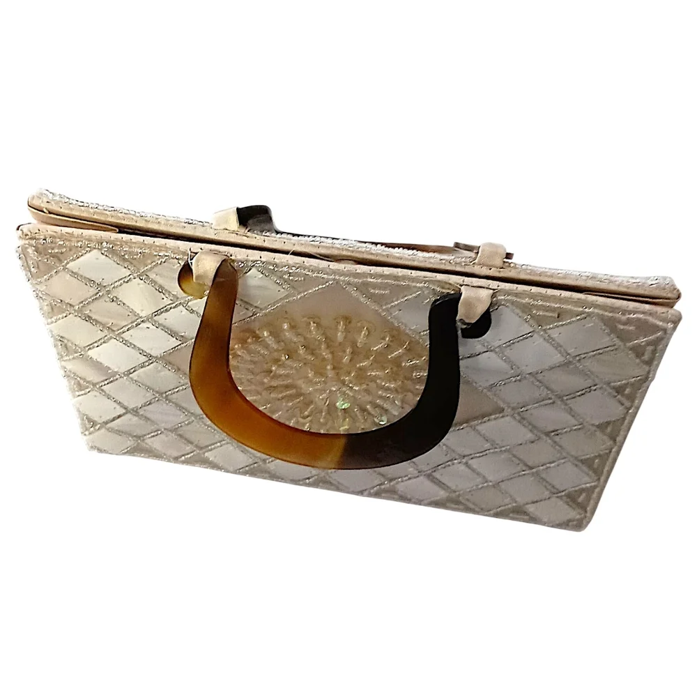 Mod by Design Mother of Pearl Mosaic Bag   Beaded Satin Lucite‎ Handles MCM Vtg